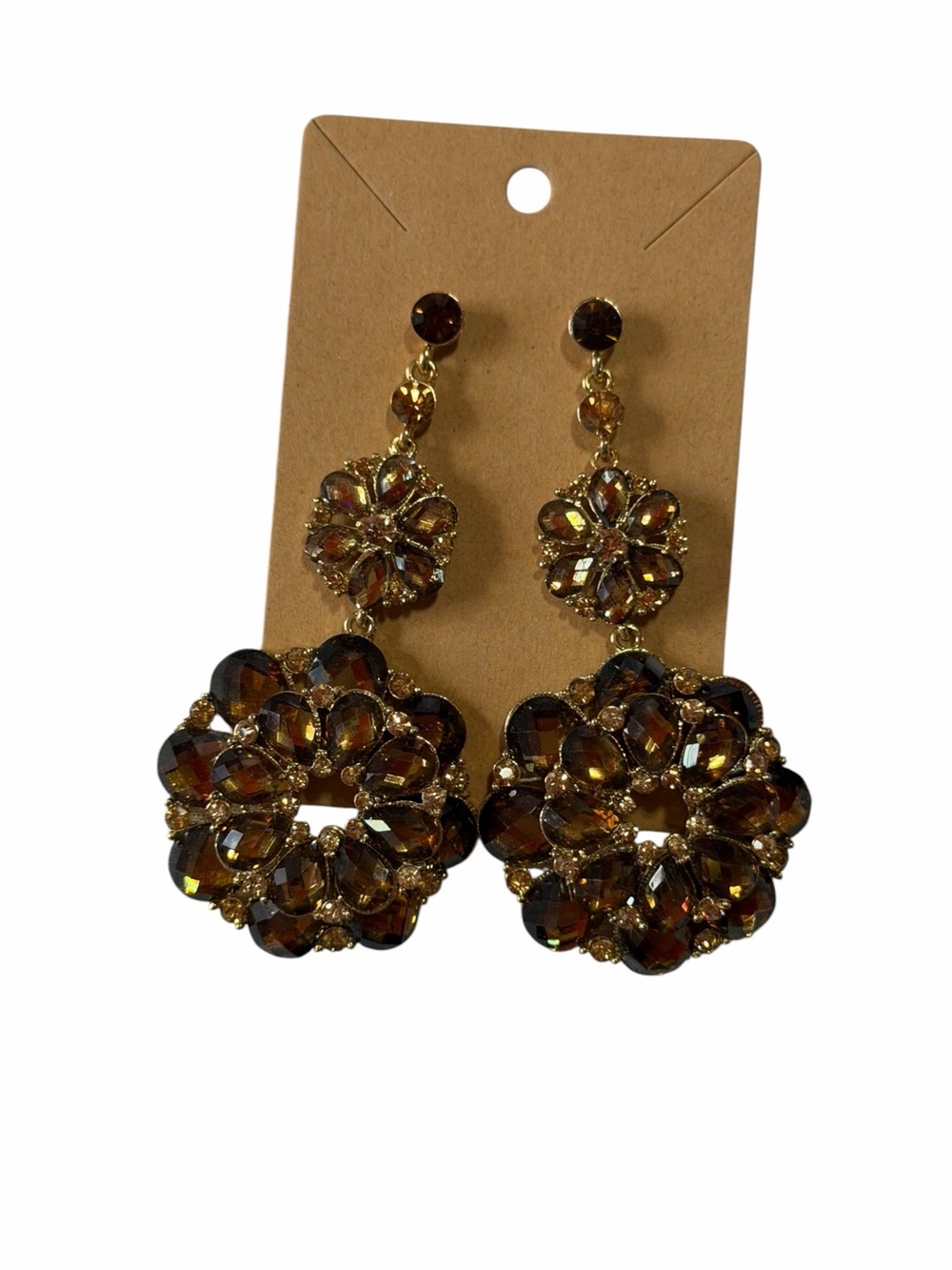 Gold-Tone Amber Floral Drop Earrings Vintage Heavy Oversized
